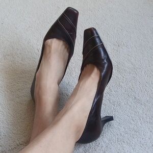 Luca Ferri Brown Leather Square Pointed-Toe Mid Heel Pumps